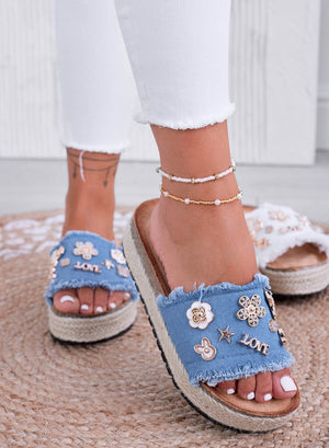 COLEEN - Blue denim slide sandals with gold embellishments