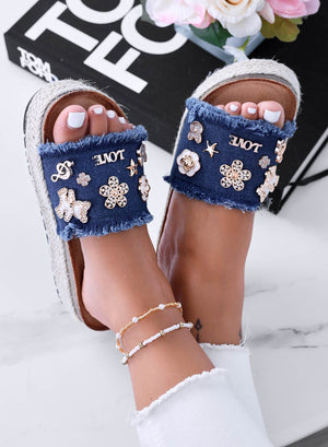 COLEEN - Dark denim blue slide sandals with gold embellishments