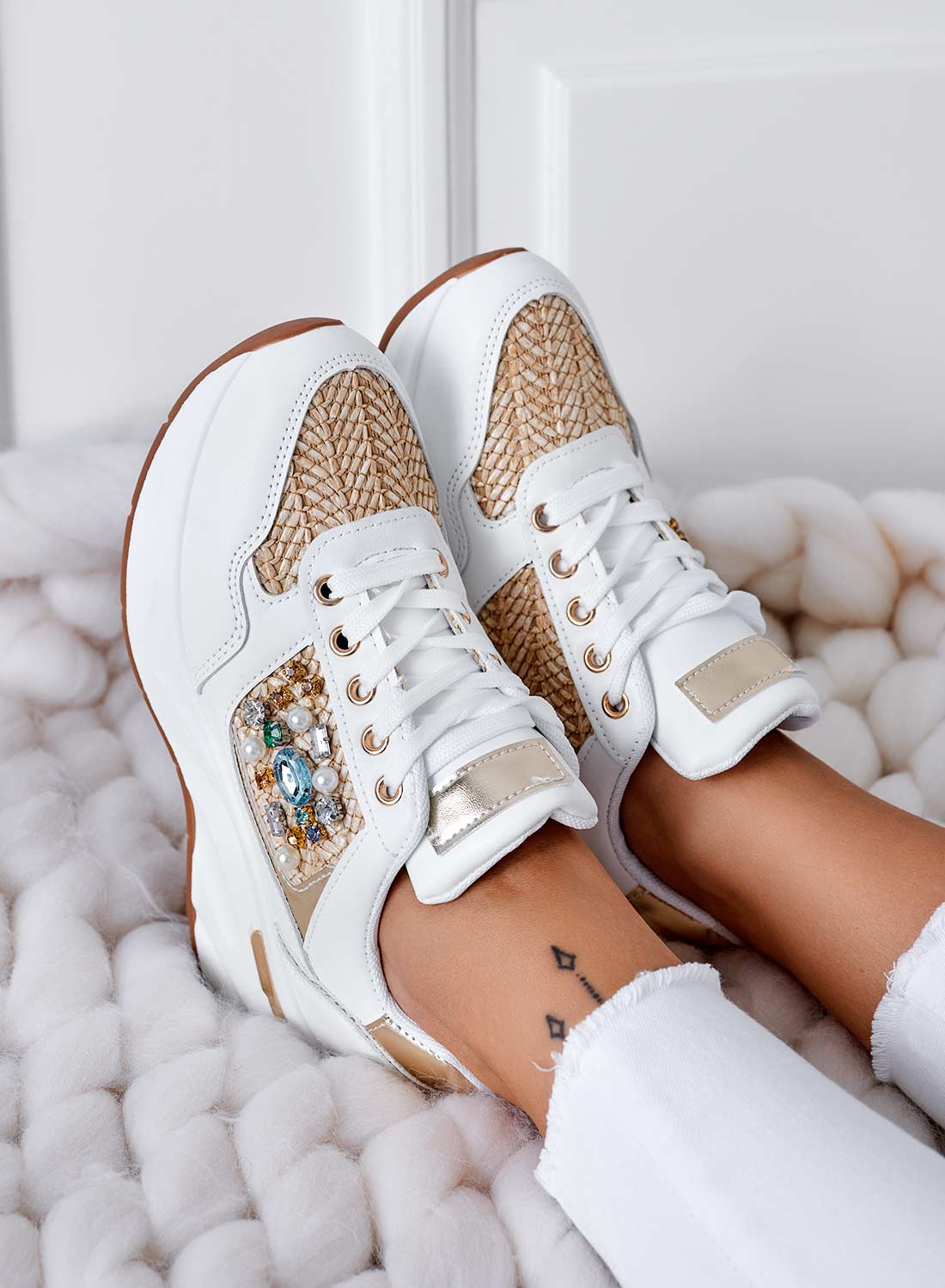 White sneakers with fabric inserts and jewels