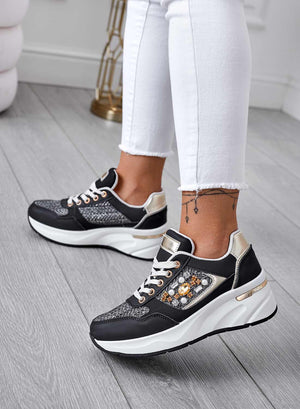 Black sneakers with fabric inserts and jewels