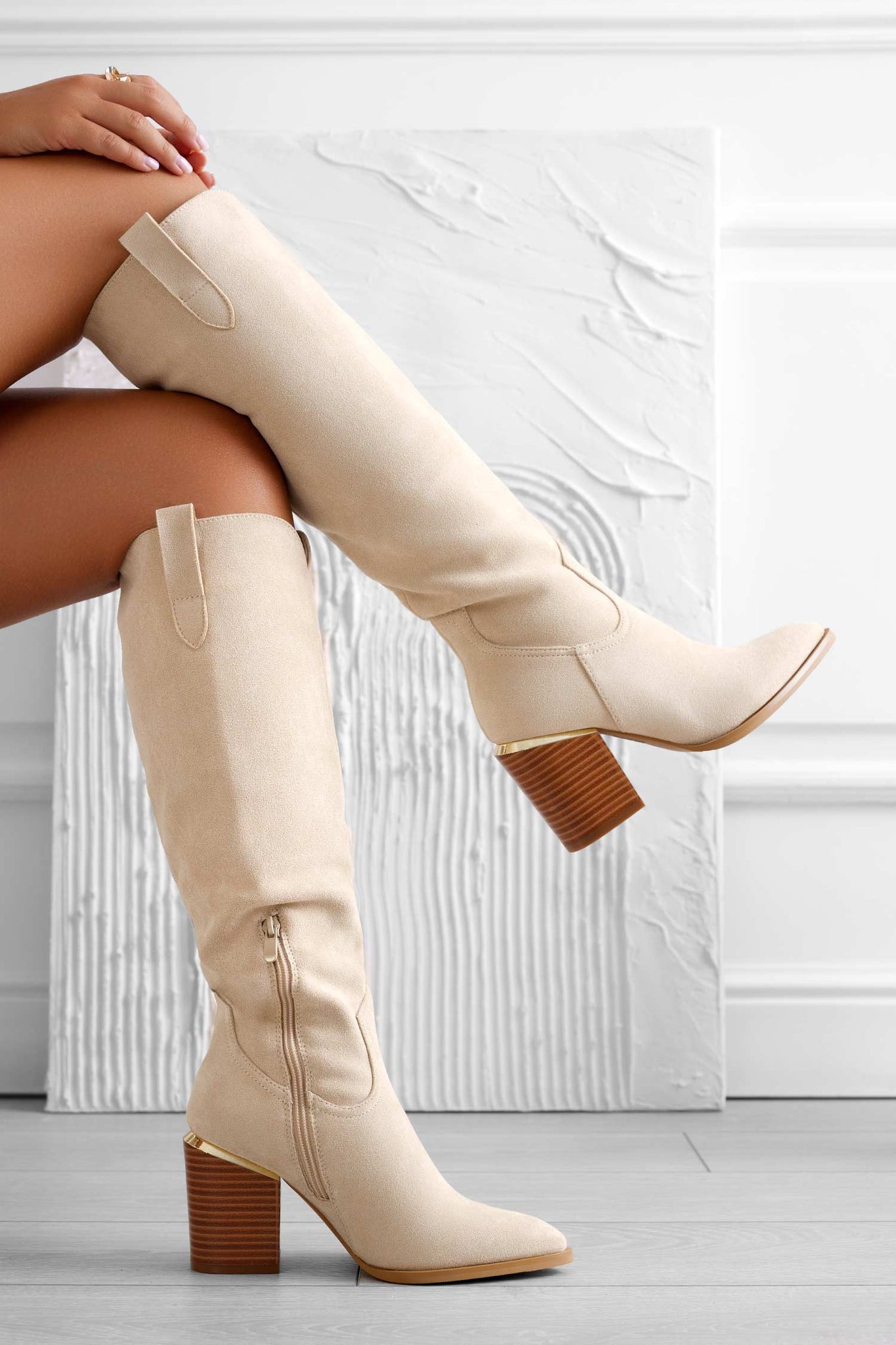 Beige suede boots with faux wood heel