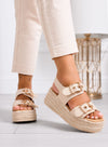 COSIMA - Sandali platform beige con fibbie oro e suola in corda intrecciata
