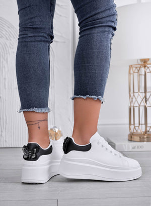 CRISTINA - White sneakers with black heel and jeweled butterfly