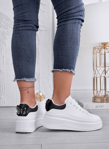 CRISTINA - White sneakers with black heel and jeweled butterfly