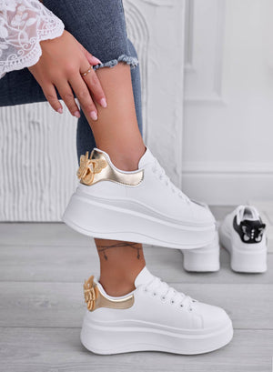 CRISTINA - White sneakers with gold heel and jeweled butterfly
