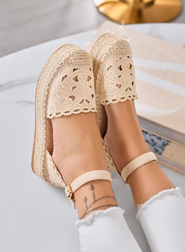 CRISTY - Beige embroidered espadrilles with ankle strap and rope platform sole