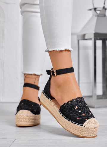 CRISTY - Black embroidered espadrilles with ankle strap and rope platform sole