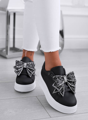 CRYSTAL - Black sneakers with wedge heel and silver jewel bow