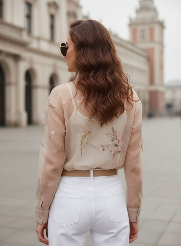 Women's Pink Organza Shirt with Embroidered Flowers