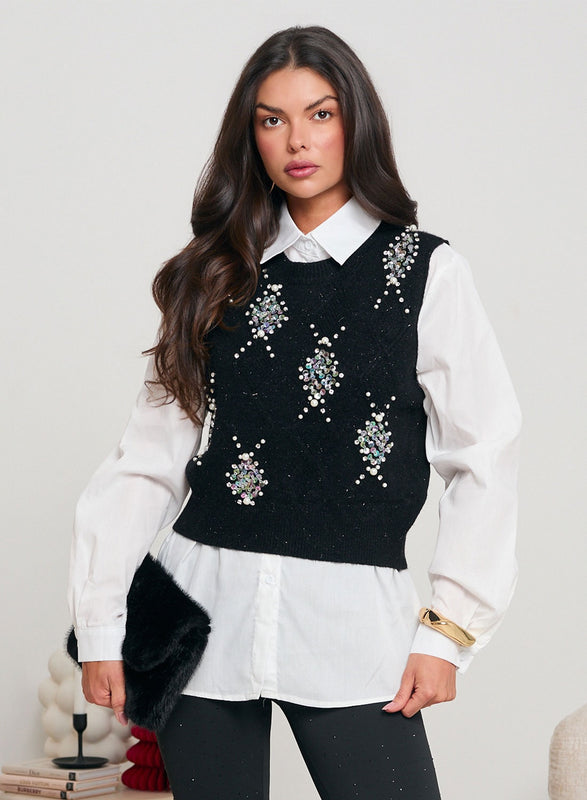 Camicia bianca con gilet nero  decorato con paillettes e perline
