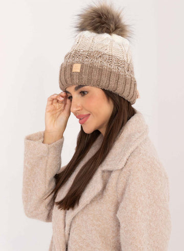 Mud-colored hat with inner padding and pompom