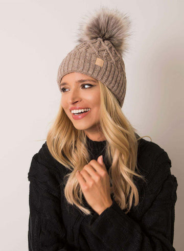 Padded mud-colored hat with faux fur pompom