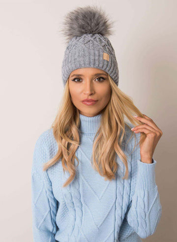 Padded gray hat with faux fur pompom
