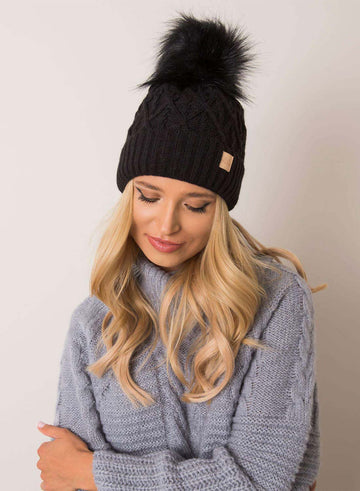 Black padded hat with faux fur pompom