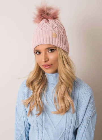 Padded pink hat with faux fur pompom