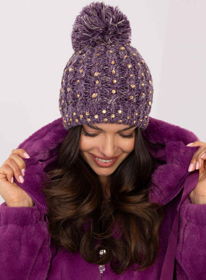 Purple padded hat with rhinestones and pompom
