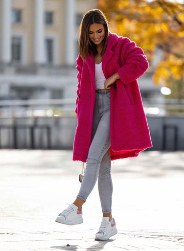 Fuchsia teddy coat with pockets and button
