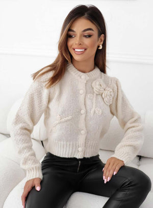 Beige knit cardigan with floral appliqué