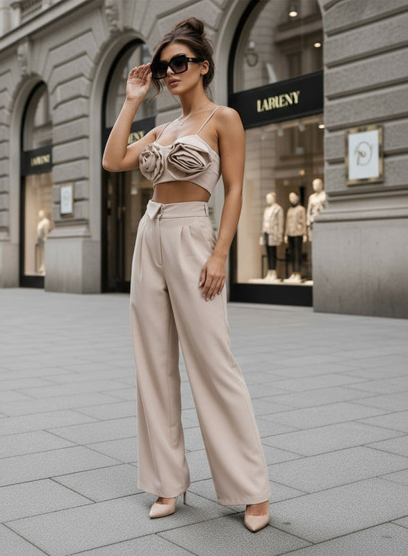 Beige two-piece set with top and trousers