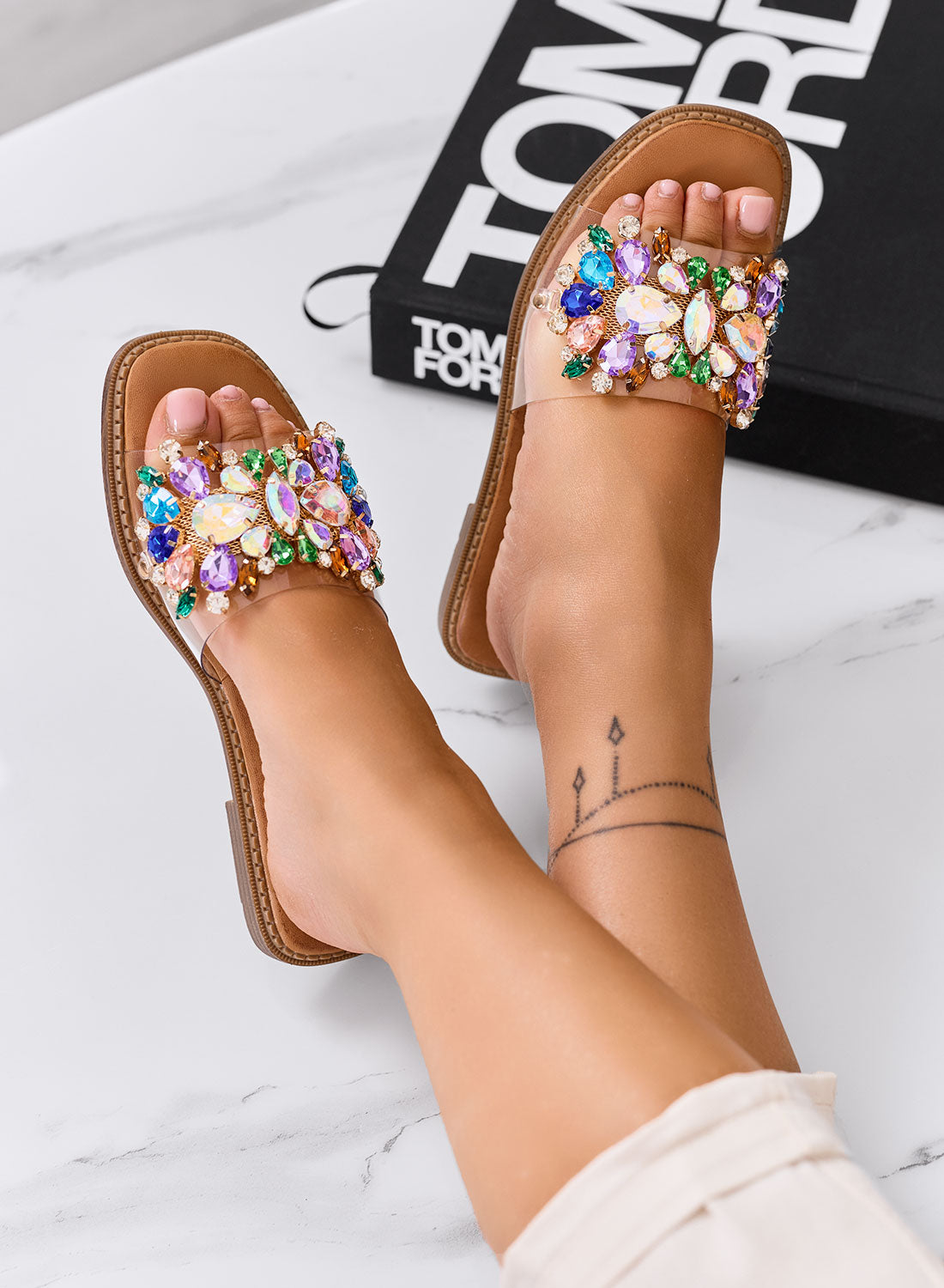 DAFFY - Transparent slide sandals with multicolor jewel embellishments