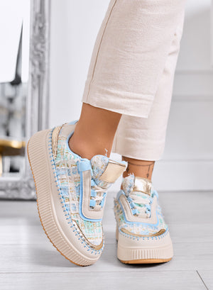 DAFNE - Beige platform sneakers in blue tweed with gold details