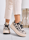 DAFNE - Sneakers beige platform in tweed nero con dettagli oro