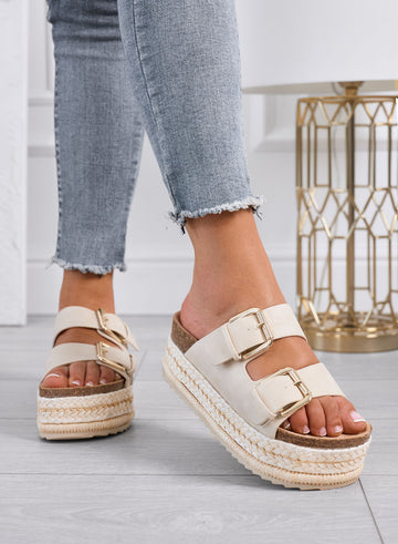 DANIEL - Beige platform sandals slippers with double buckle and rope sole