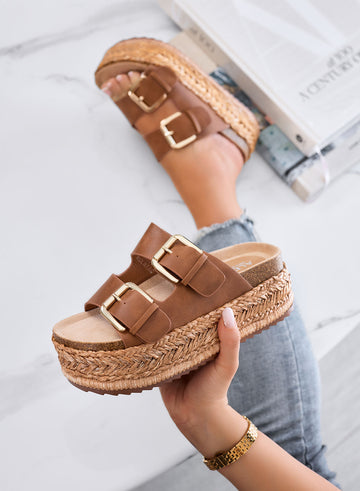 DANIEL - Brown platform sandals slippers with double buckle and rope sole