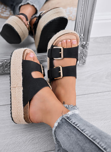 DANIEL - Sandali neri ciabatte platform con doppia fibbia e suola in corda