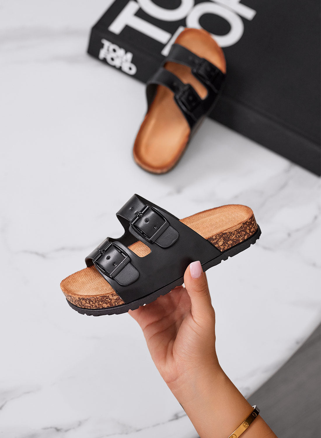 DALIA - Black sandals Girls' slippers with double buckle