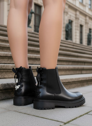 DANIELA - Black combat ankle boots with bow and jewel details on the back
