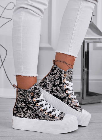 DELFINA - Black high-top sneakers with patterned design and wedge heel
