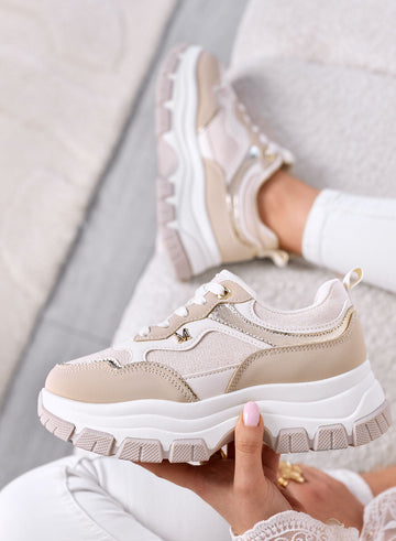 DELIA - Beige Sneakers with Gold Details and Chunky Sole