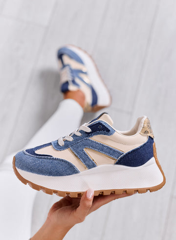 DENISE - Blue denim sneakers with beige inserts and thick sole