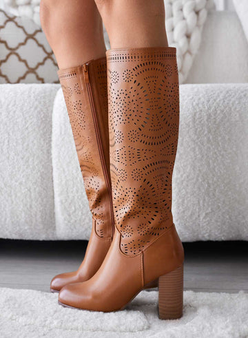 DEREK - Camel perforated boots with comfortable heel