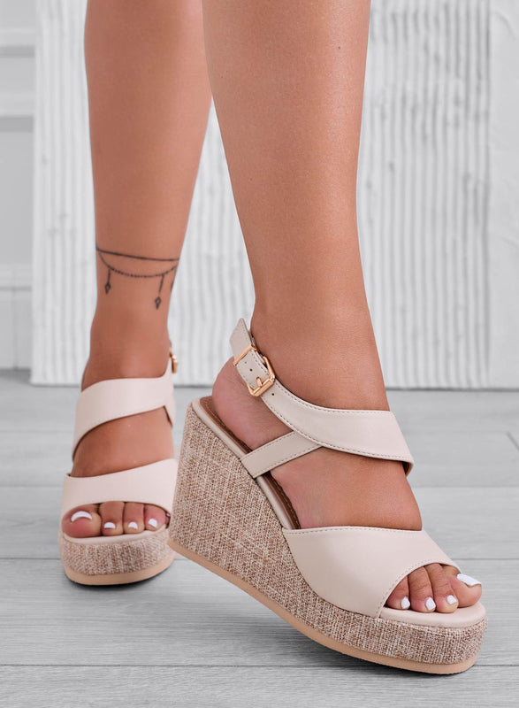 DEVON - Sandali beige con zeppa in juta