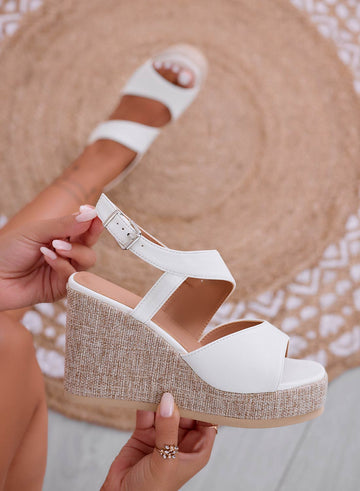DEVON - White sandals with jute wedge