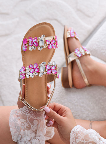 DIAMOND - Fuchsia Flat Sandals with Jewel Stones and Ankle Strap