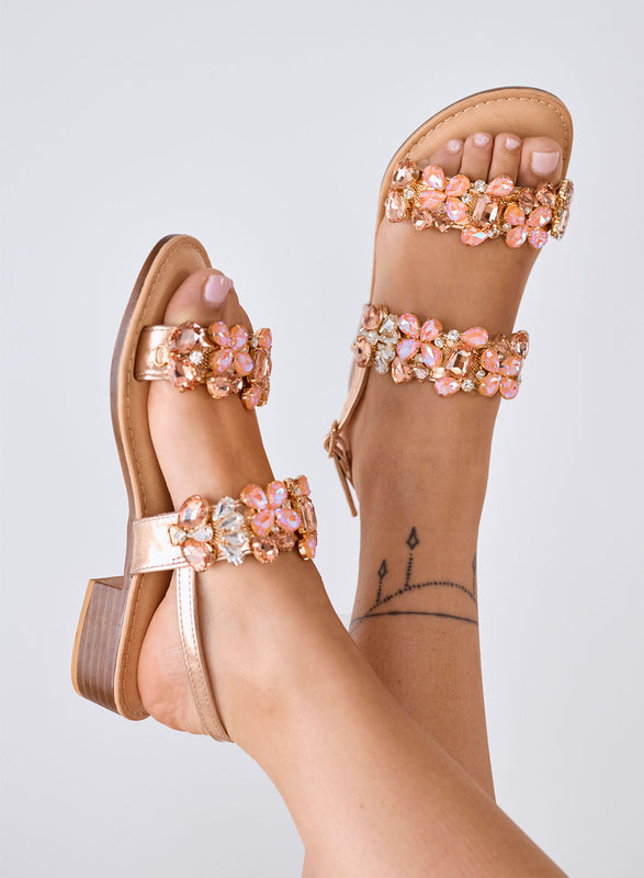 DIAMOND - Low Rose Gold Sandals with Jewel Stones and Strap