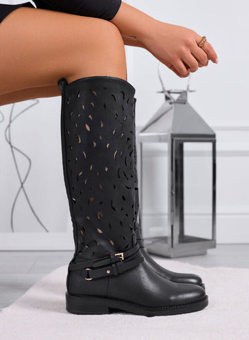 DIANA - Black perforated women's boots with strap