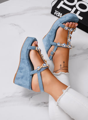 DIVA - Blue wedge sandals with rhinestones and jeweled straps