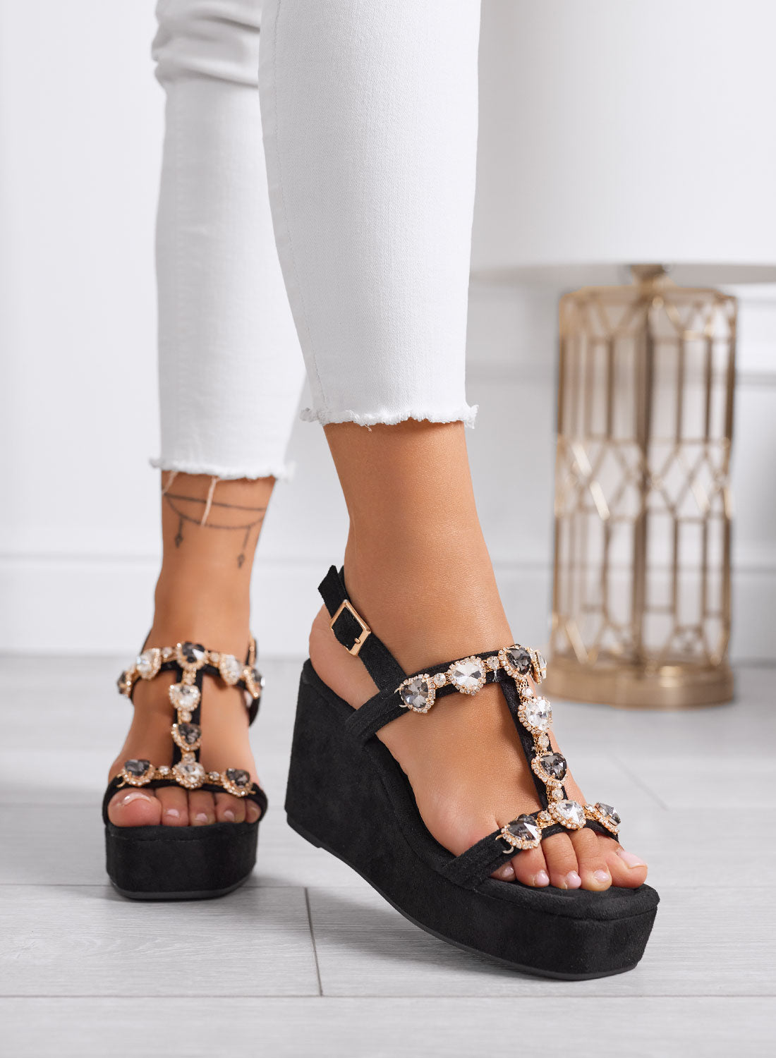DIVA - Black wedge sandals with rhinestones and jeweled straps