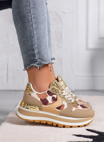 DIXON - Women's taupe sneakers with gold glitter and animal print details