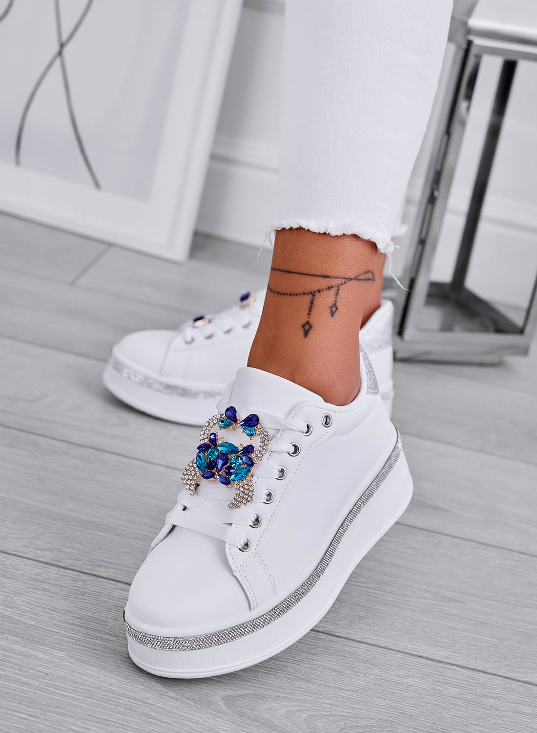 DOINA - White sneakers with blue jewel application and silver inserts