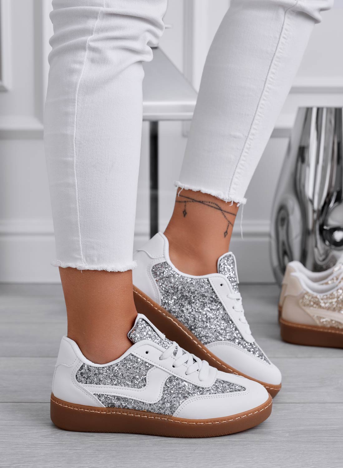 DOLORES - White sneakers with silver glitter