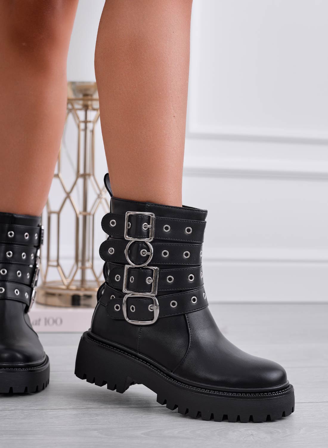 DOMINIQUE - Black biker ankle boots with buckles