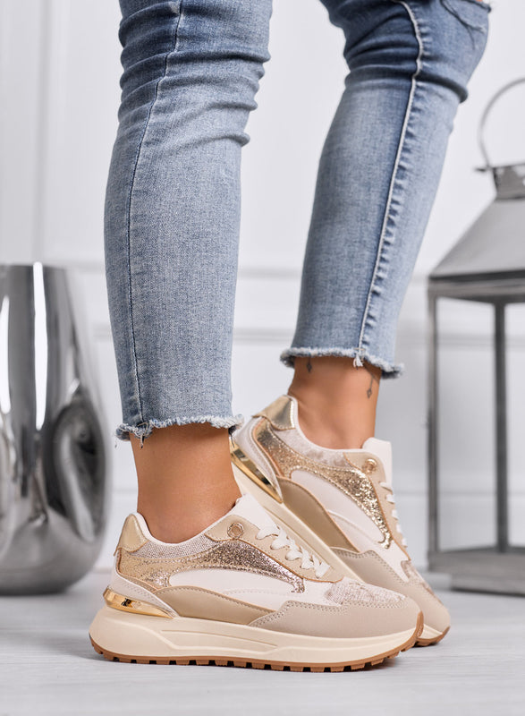 DONATA - Sneakers beige e oro con dettagli metallizzati e suola platform