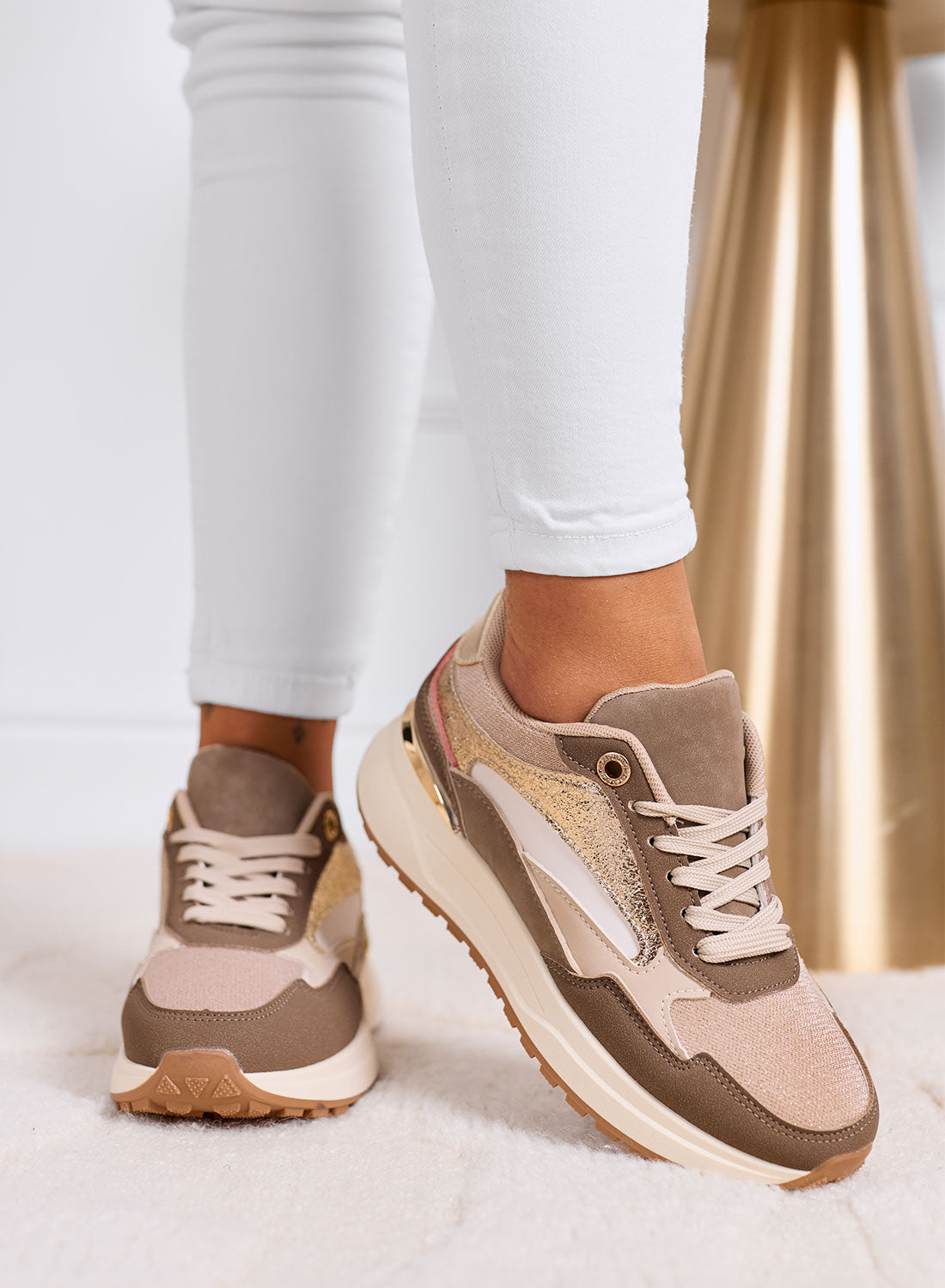 DONATA - Sneakers fango e oro con dettagli metallizzati e suola platform
