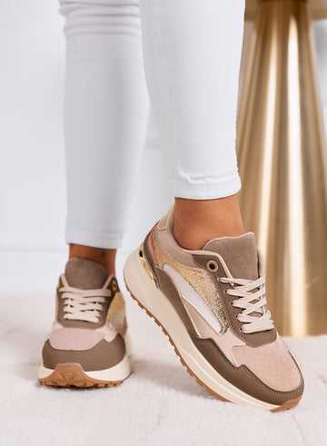DONATA - Mud and gold sneakers with metallic details and platform sole