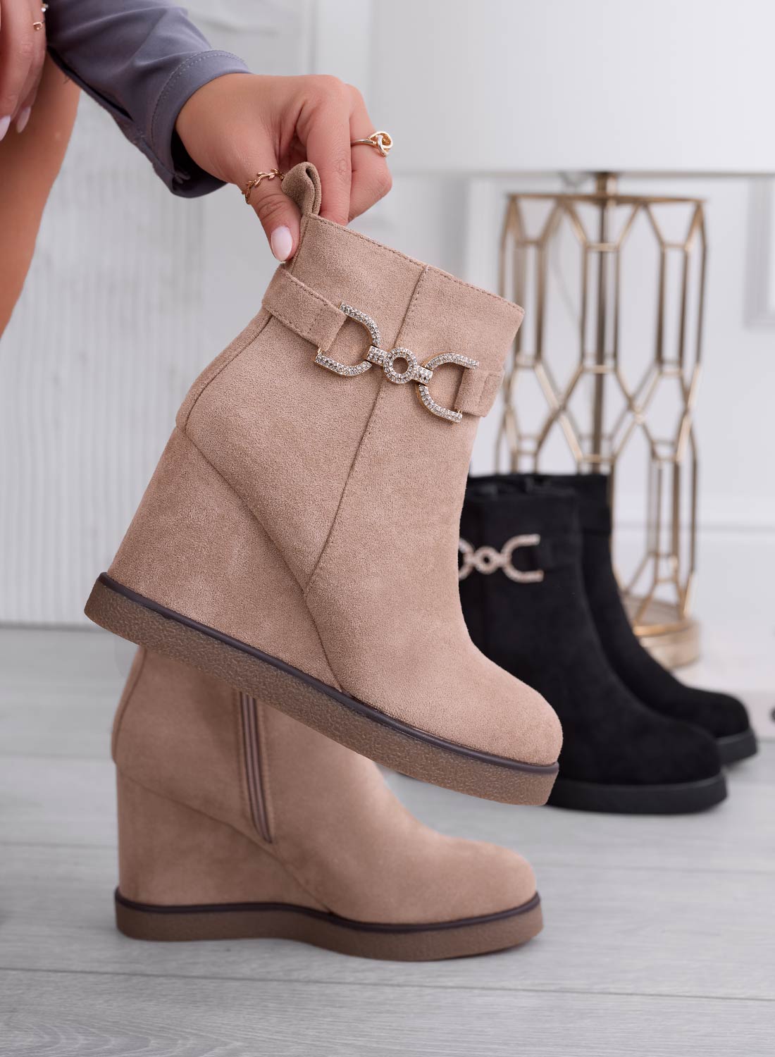 DONER - Mud ankle boots with wedge heel and gold jewel embellishment